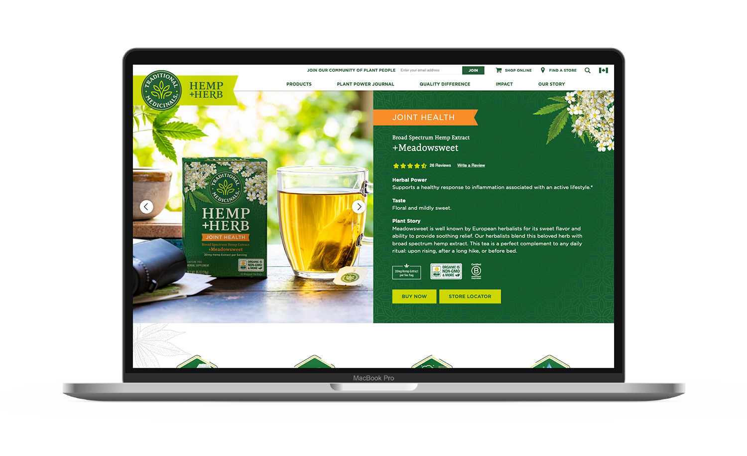 Traditional Medicinals Hemp and Herb Product Website on Laptop