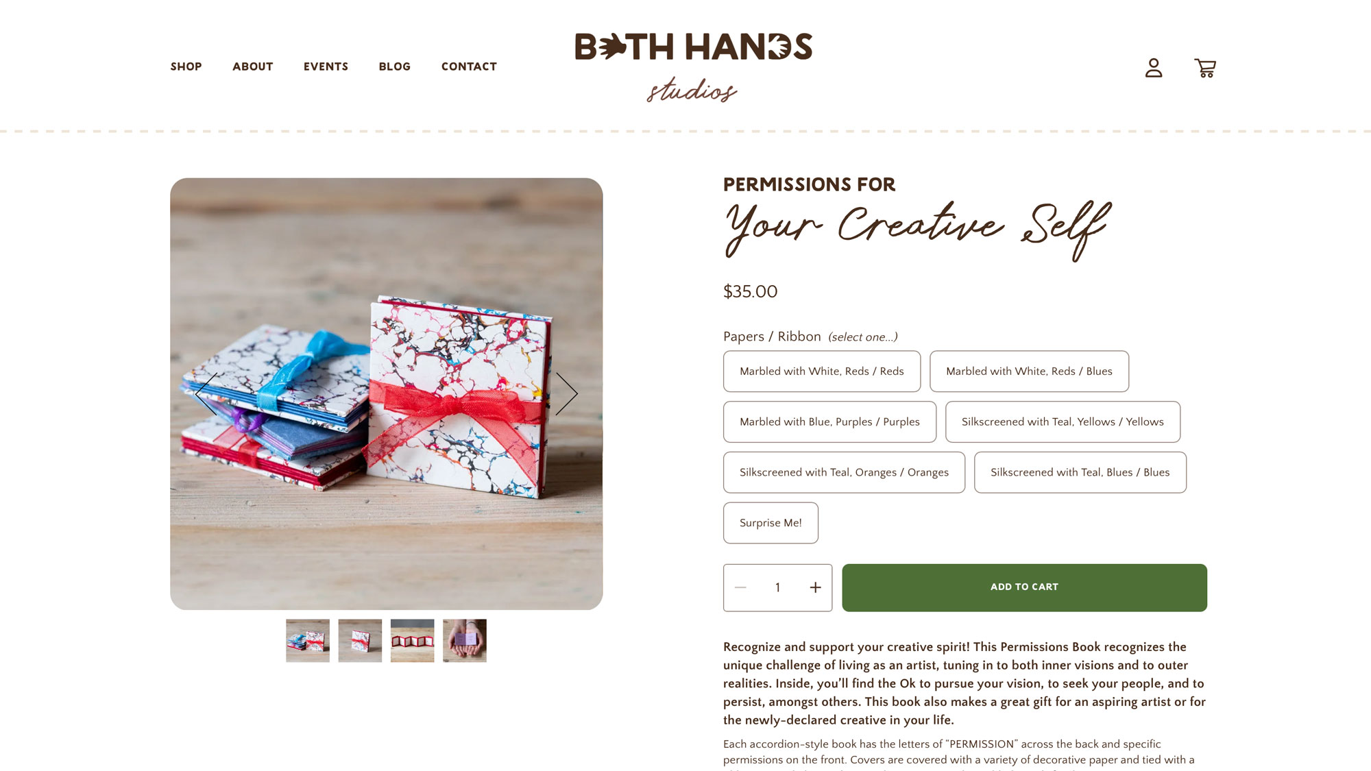 Screenshot of product page showing handmade book with selectable options